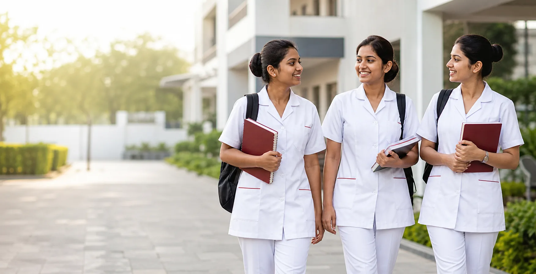 Indian nursing students walking on a modern college campus in Karnataka