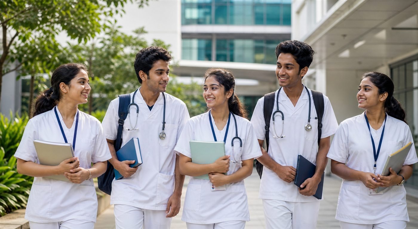 Indian nursing students at a modern teaching-hospital campus in Bangalore